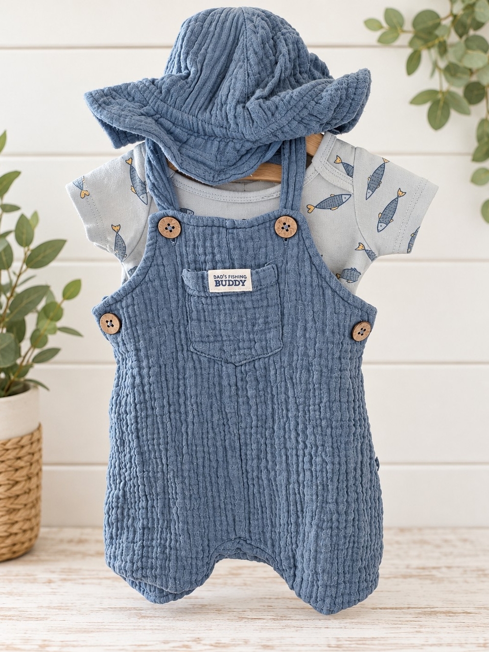 Rabbit + Bear Baby Boy “Dad’s Fishing Buddy” 3-Piece Outfit Set | 0–3M